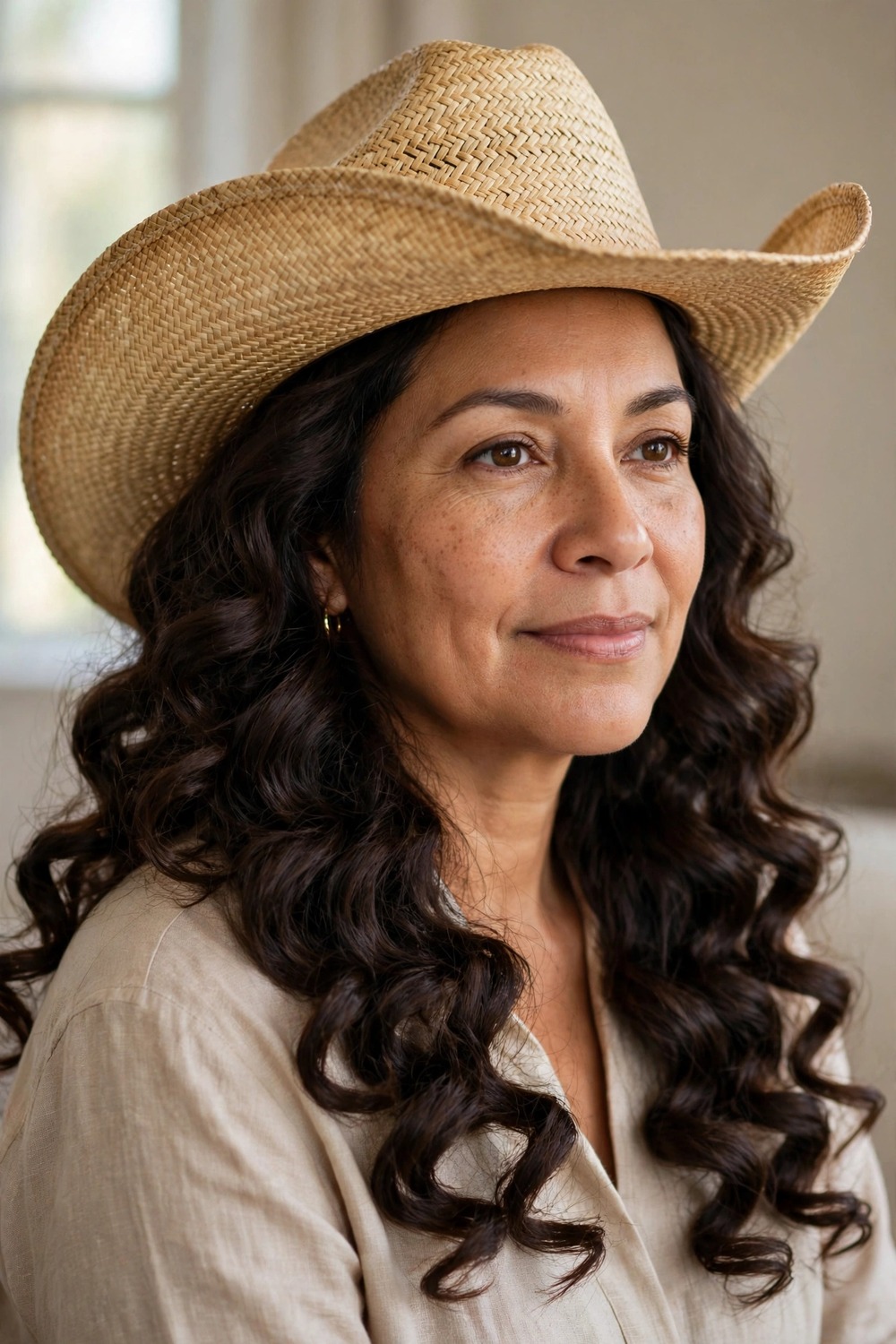 Loose barrel curls worn with a straw cowboy hat