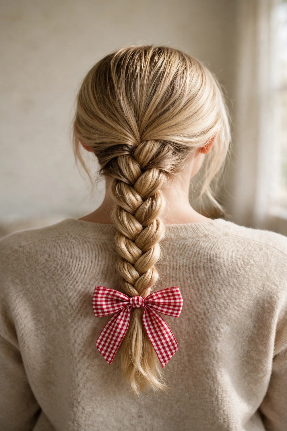 Single braid tied with a ribbon bow