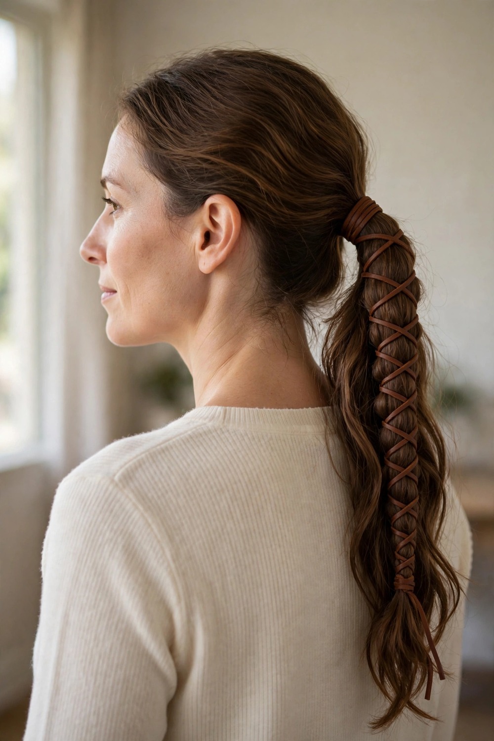 Ponytail wrapped with a braided leather cord