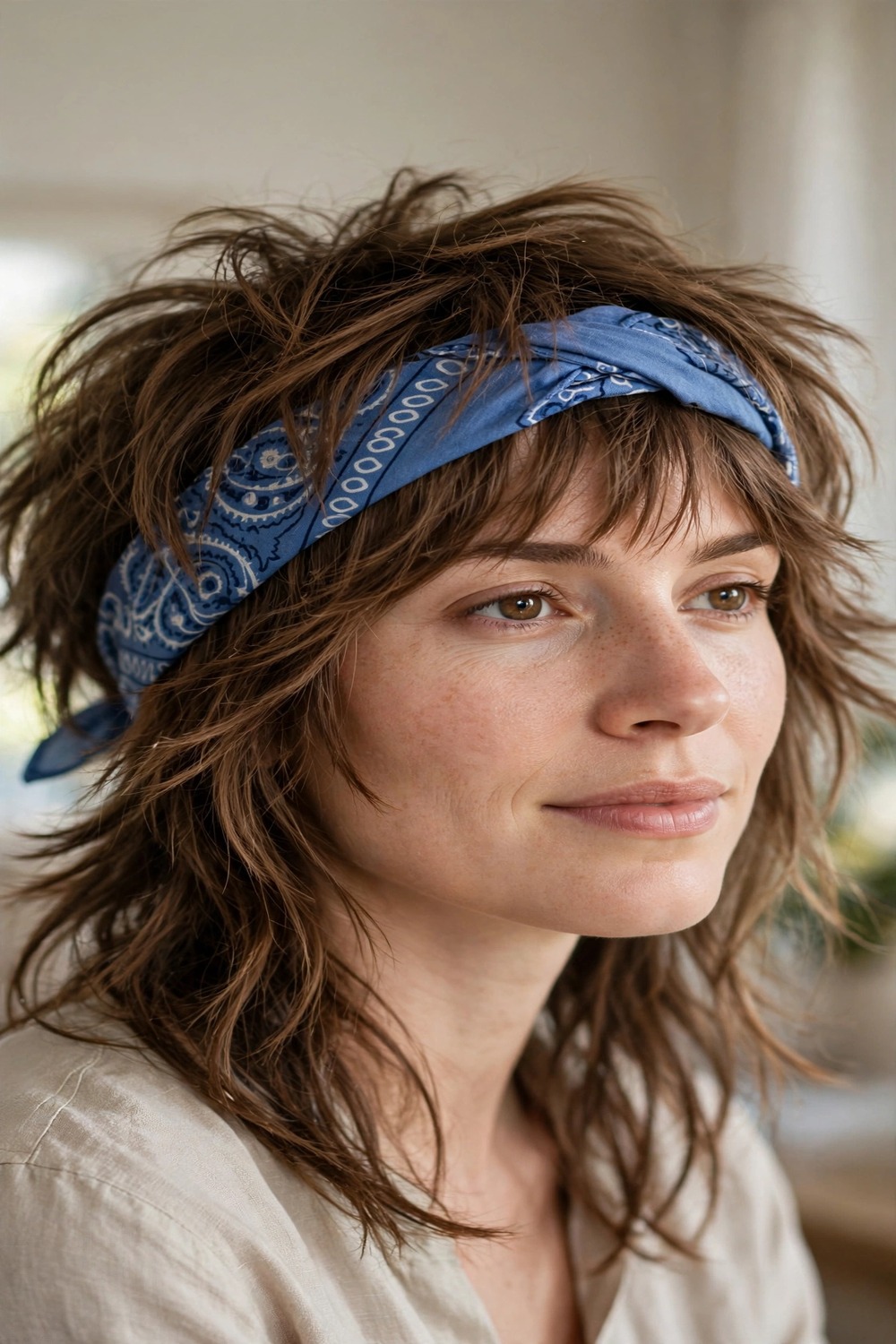 Layered shag haircut with a bandana headband