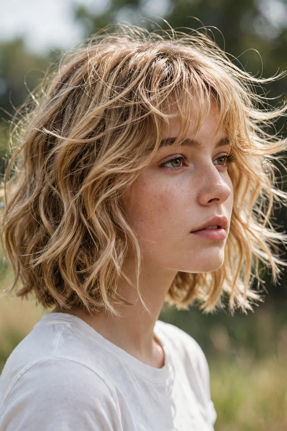 Woman with a cowgirl bob haircut with shaggy layers and wispy bangs