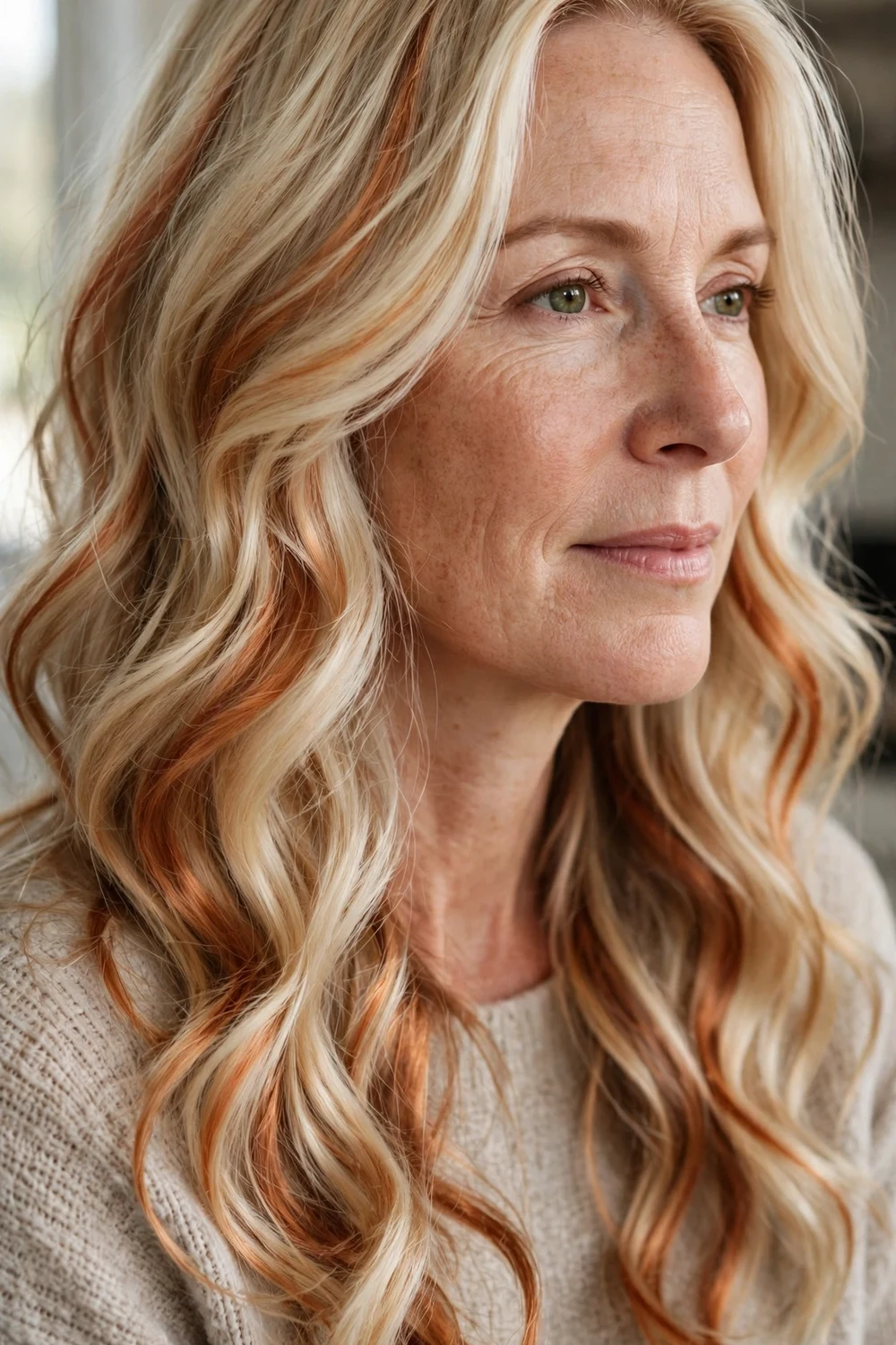 Creamy blonde loose waves with warm copper swirls through the lengths