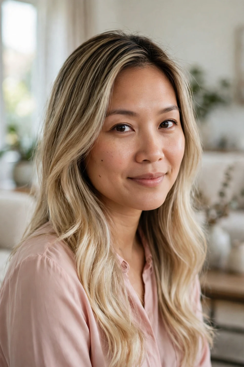 Southeast Asian woman in her early 30s with long silky dirty blonde hair and soft creamy blonde highlights through the mid-lengths