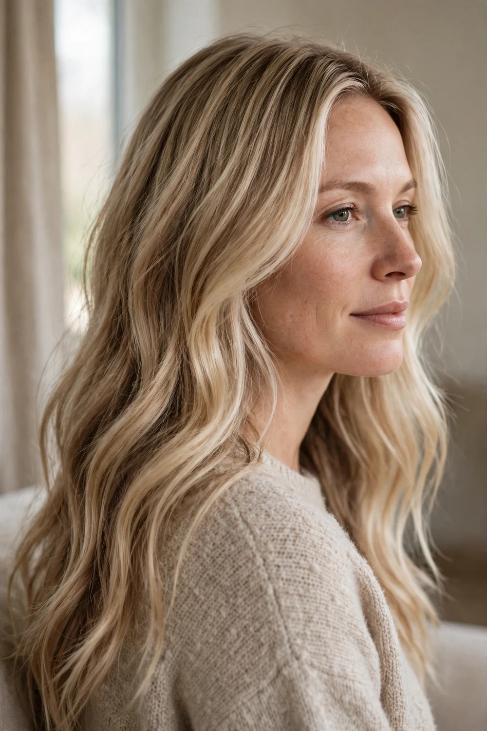 Creamy midway blonde long hair in soft champagne beige tones