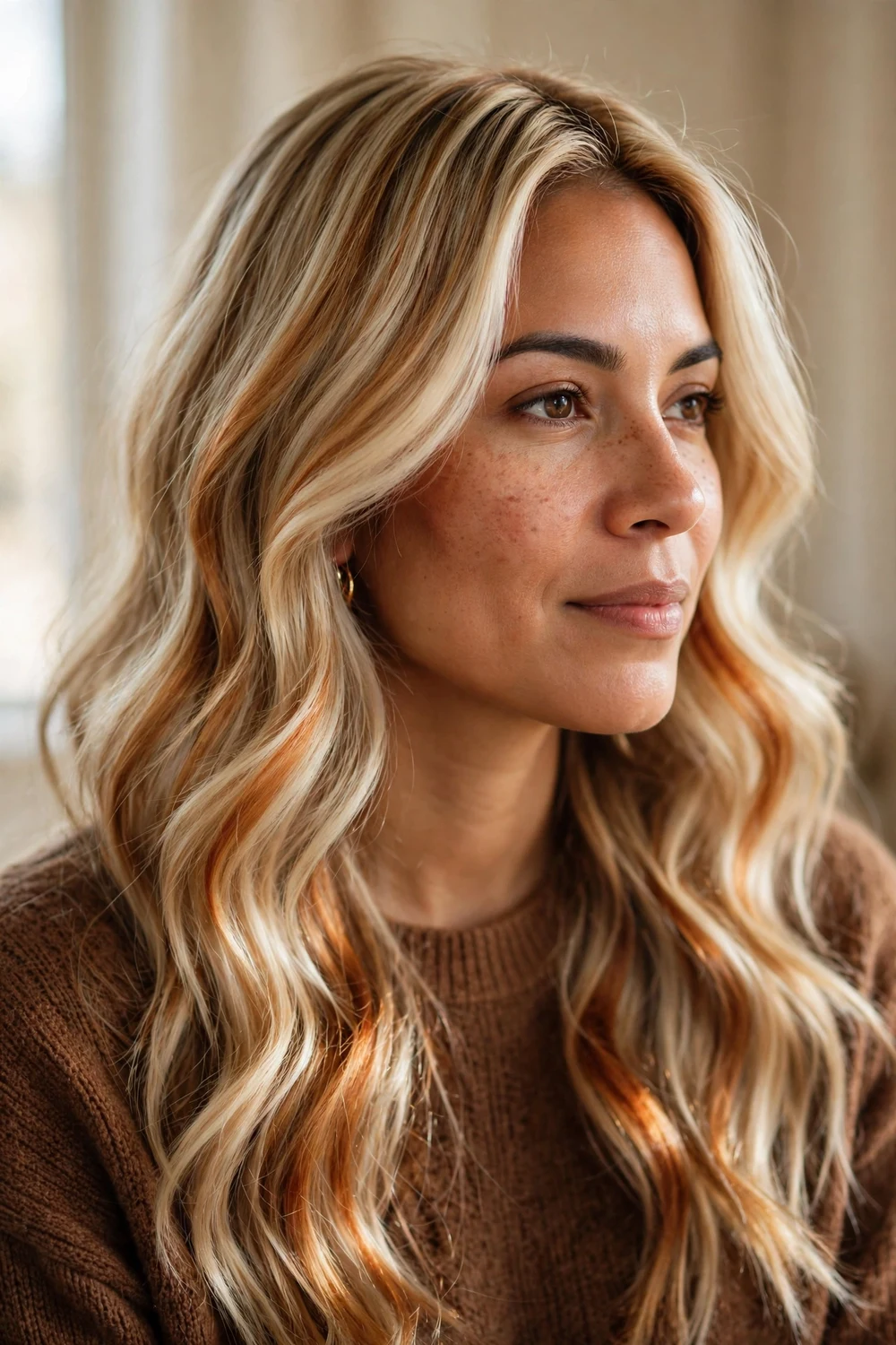 Creamy creme brulee blonde hair blending vanilla and golden copper