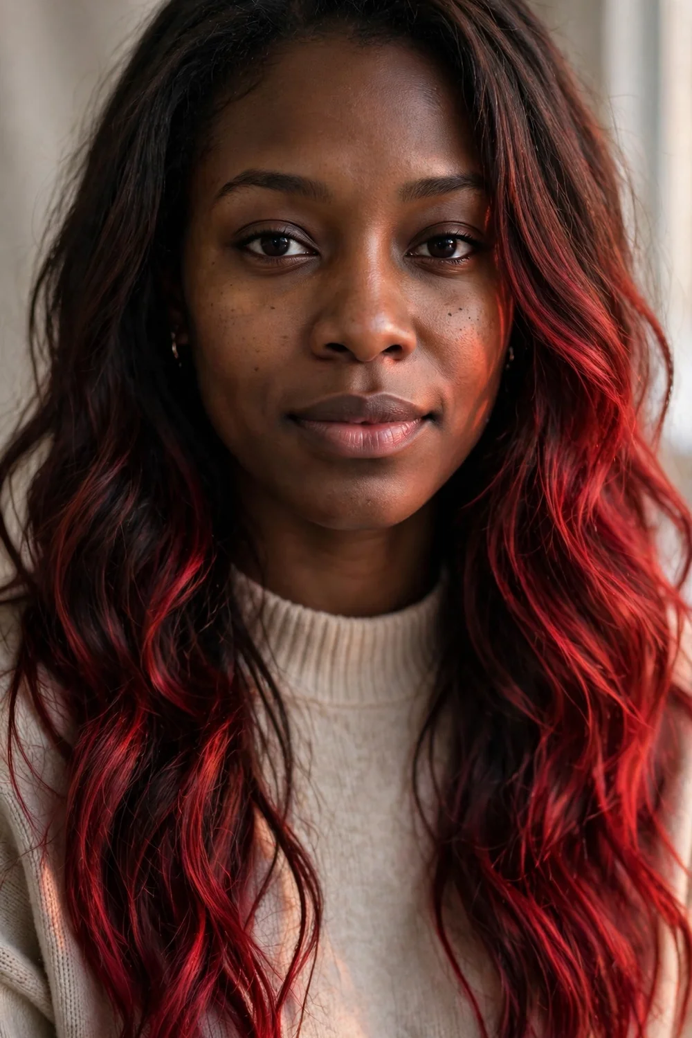 Woman with crimson red balayage streaks through dark brown hair, natural daylight