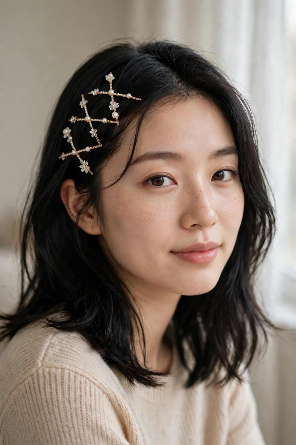 Woman with black medium-length hair with decorative clips in a criss-cross pattern