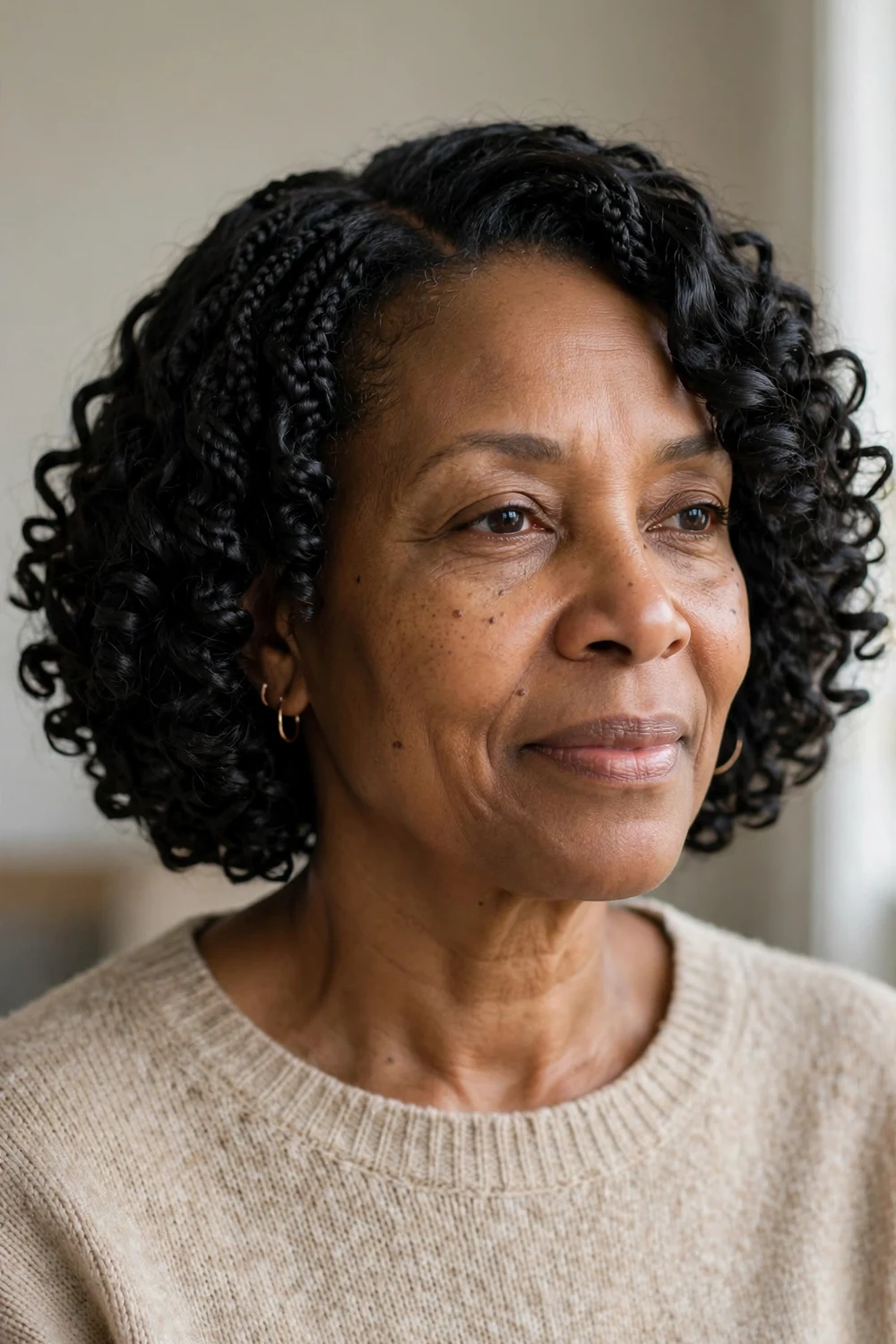 Older Black woman with a crochet curly bob at jaw length