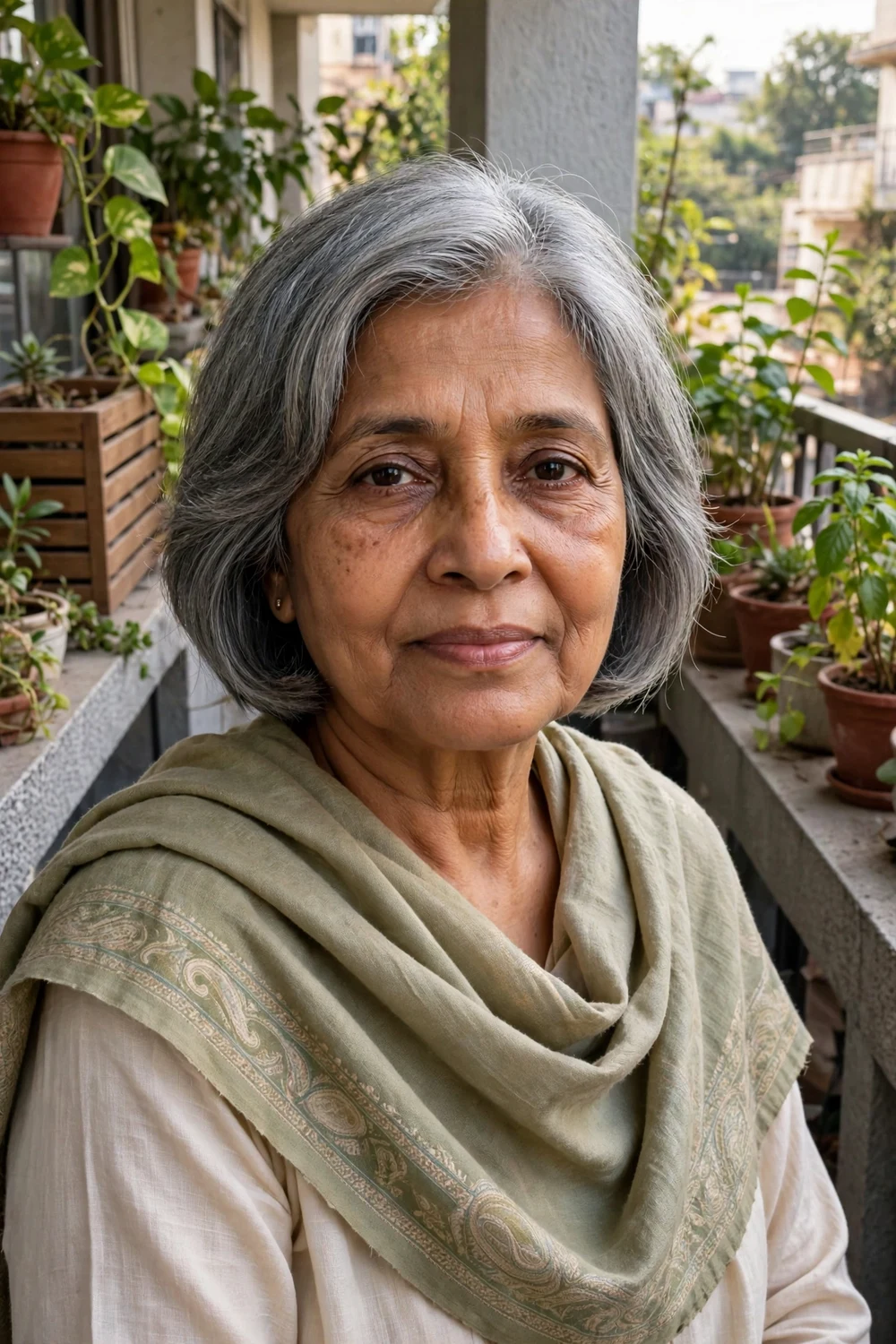 South Asian woman in her late 60s with a cropped gray bob with soft angled edges on a balcony