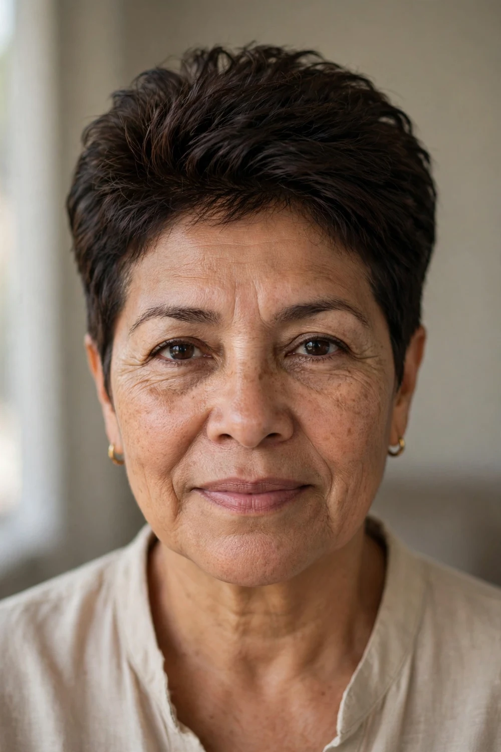 Front view of a cropped crown pixie on a woman over 50 with thin dark brown hair