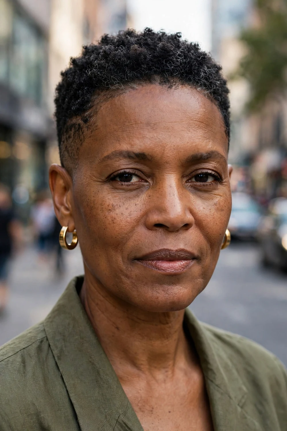 Older Black woman with a cropped cut and subtle temple fade