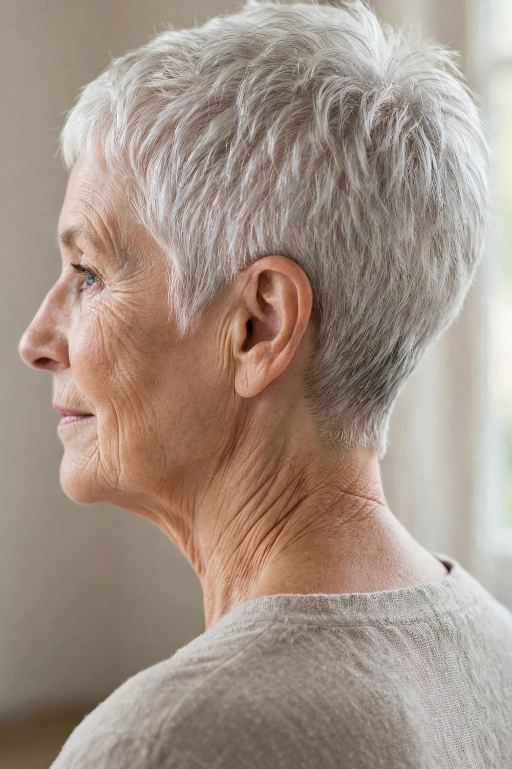 Woman over 60 with cropped pixie and clean tapered neckline