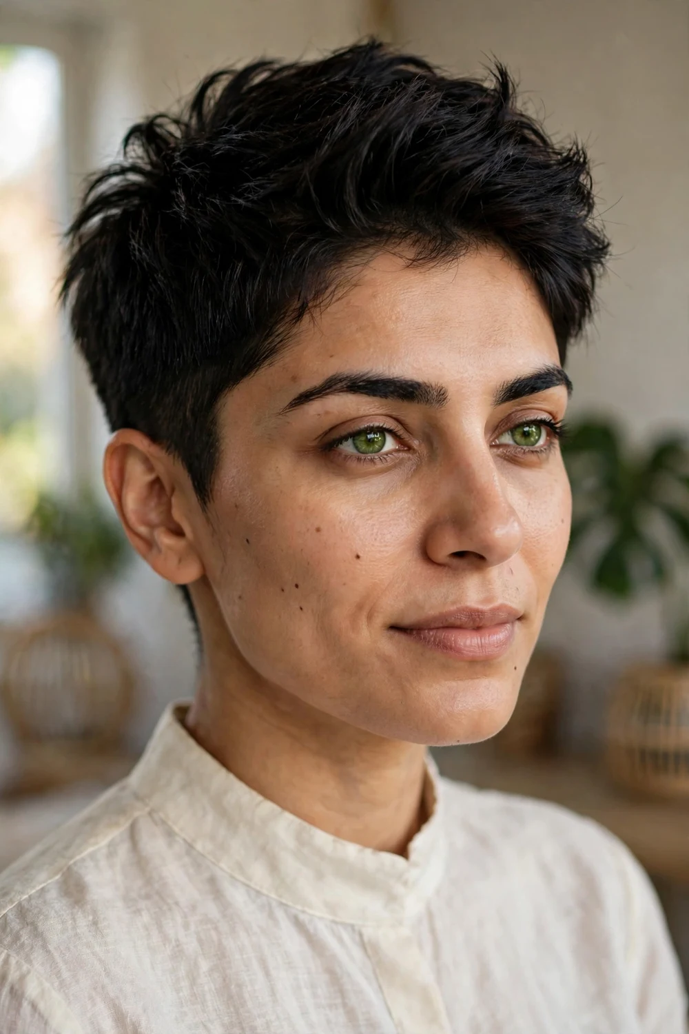 Cropped pixie with lifted crown on a woman with a square face