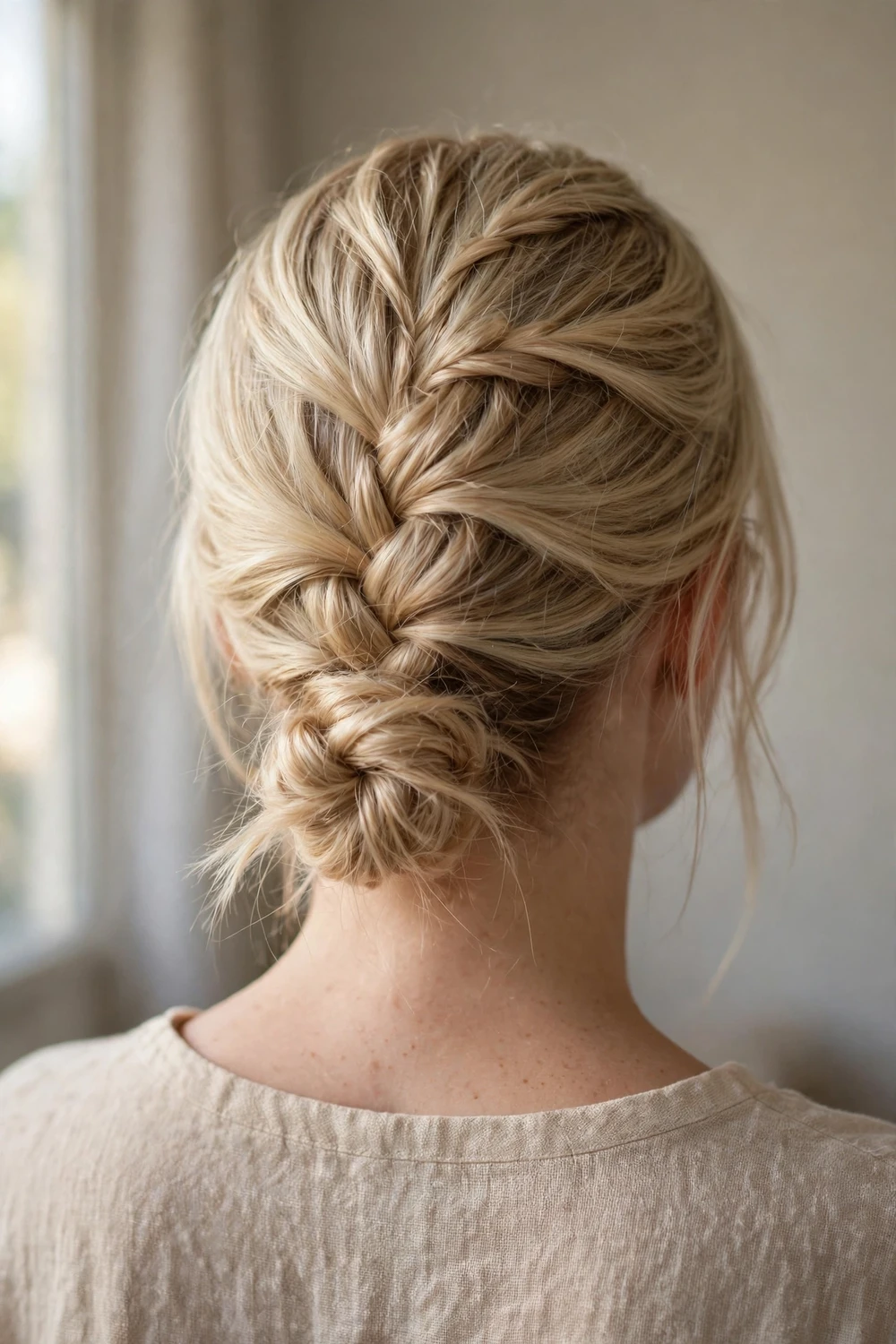 Crown braid with low bun church hairstyle for thin fine hair