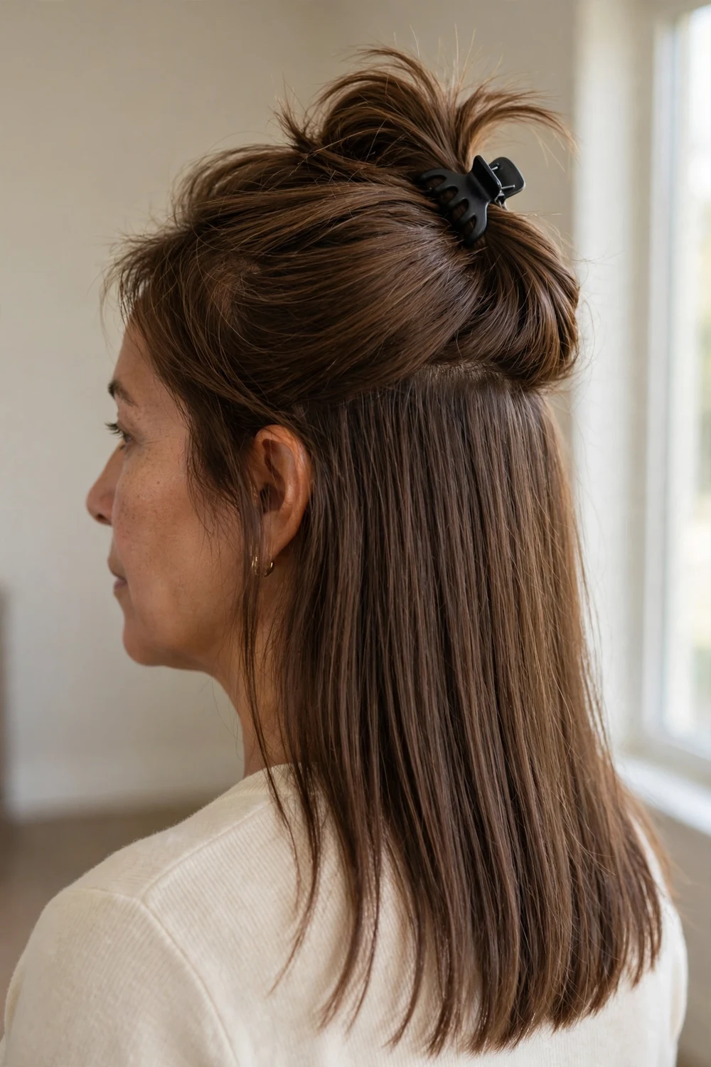 Crown lift half-up with black claw clip adding height on thin fine brown hair