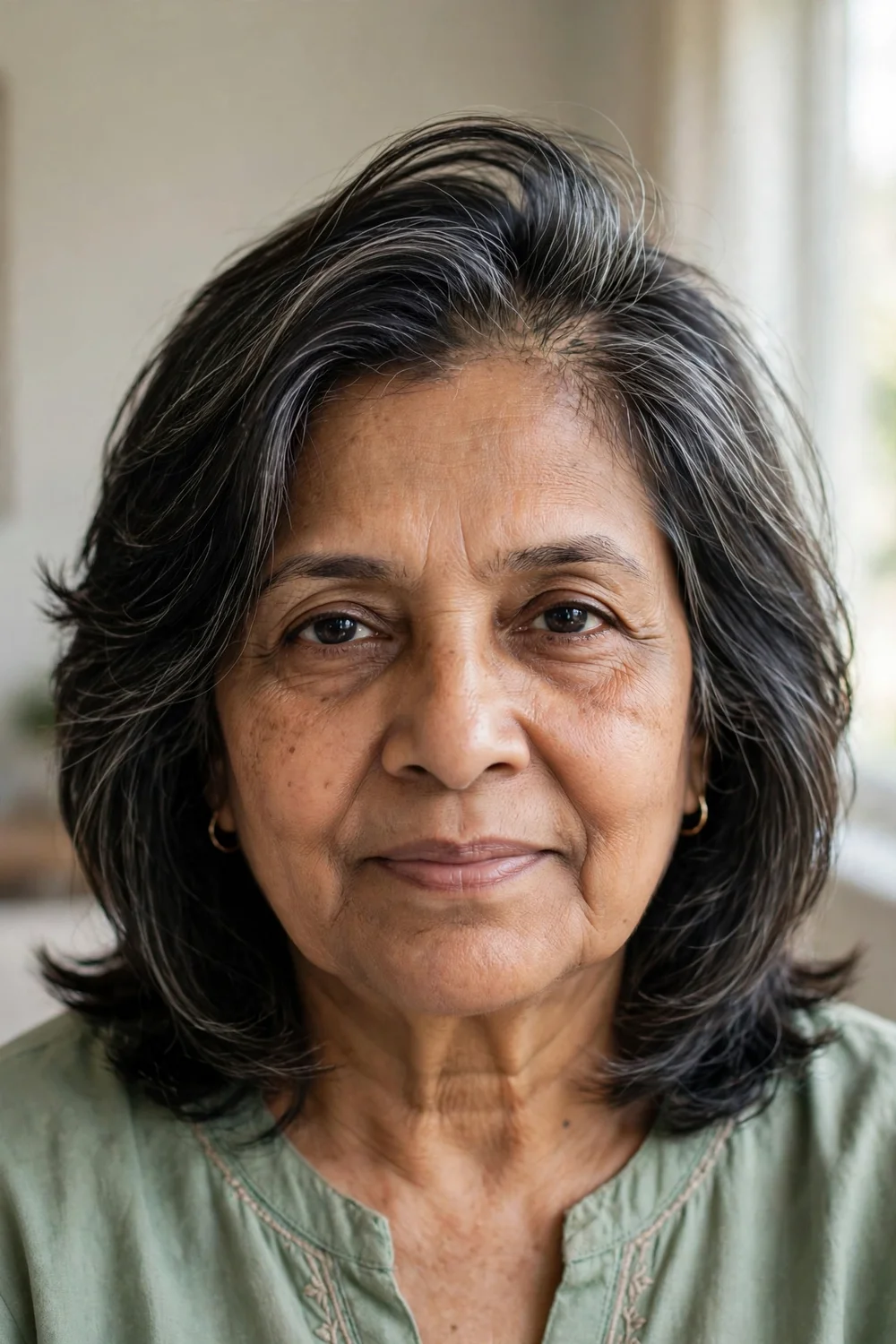 57-year-old South Asian woman with dark gray-streaked shoulder-length hair in a side part, front view