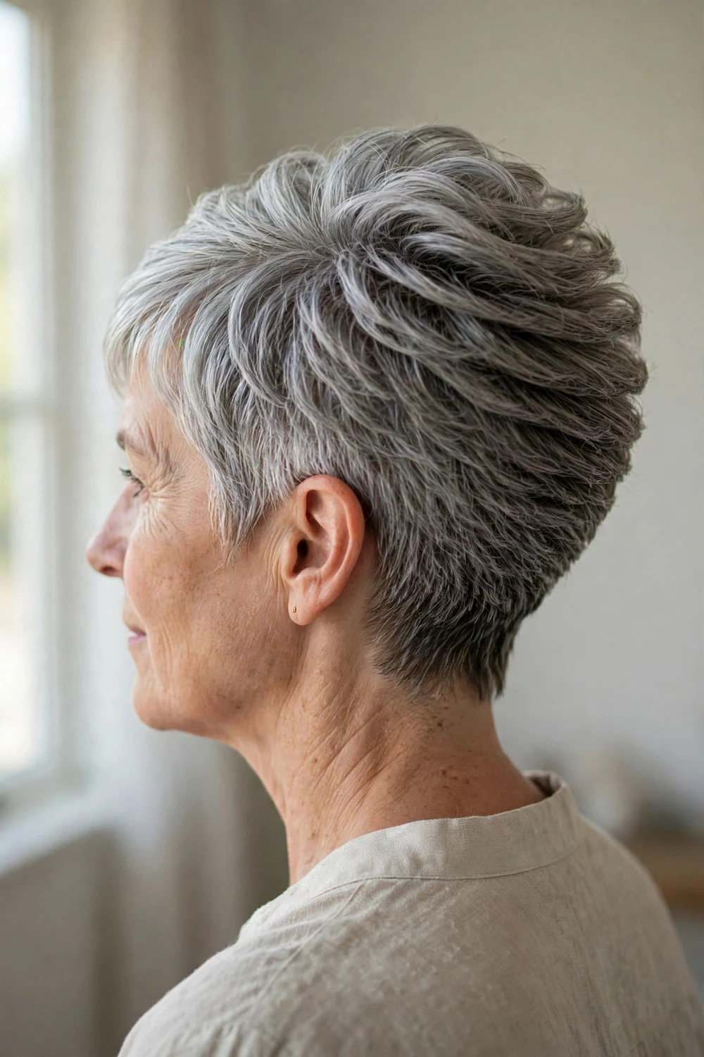 Back view of a crown-stacked pixie on a woman over 50 with thin silver hair