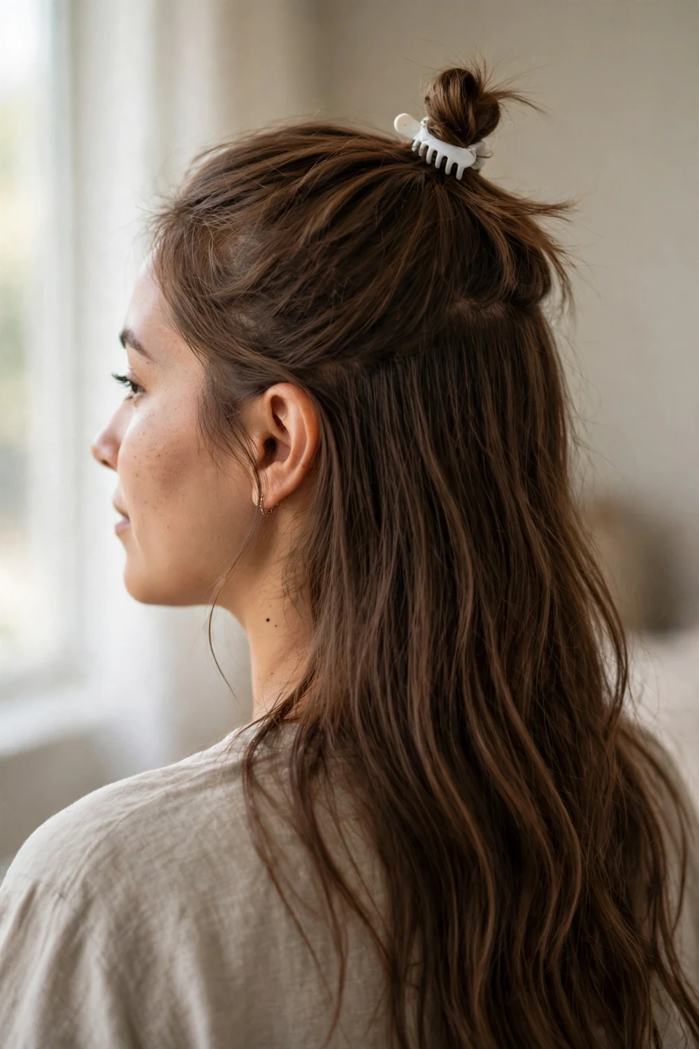 Crown top-knot with small white claw clip on thin fine brown hair