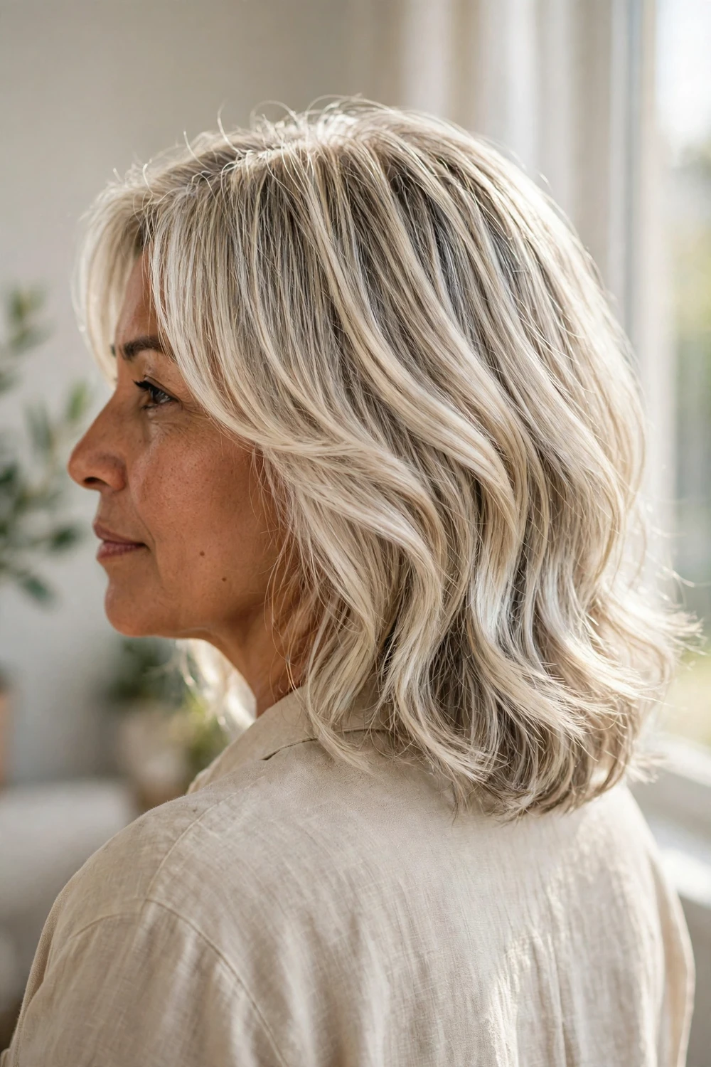 Woman with crystal ash blonde layered hair in a clean crisp cool blonde
