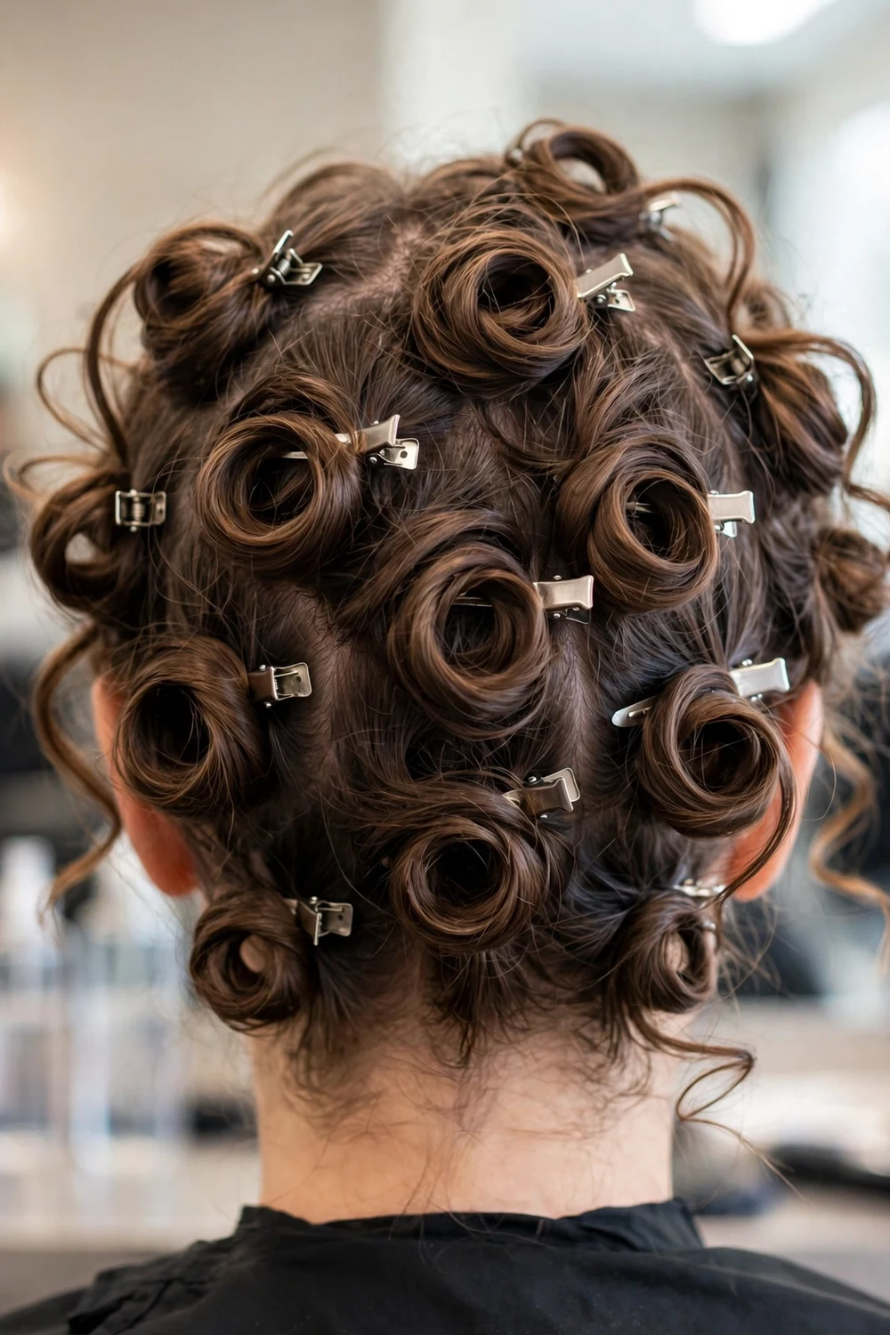 Curl-setting clips holding coiled curls while they cool and set