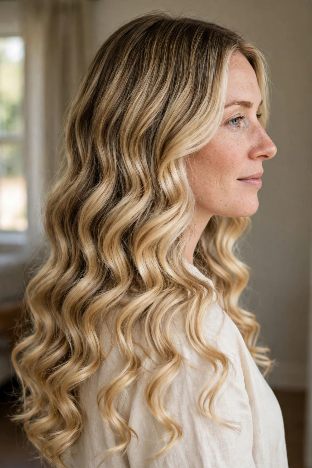 Woman with blonde balayage long hair in soft loose curls
