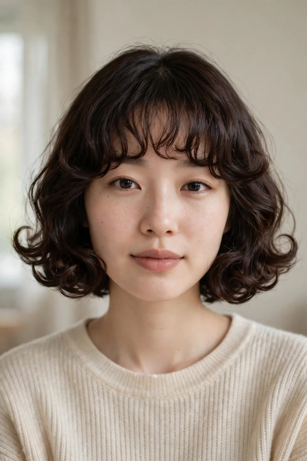 Woman with dark brown bob in a curled bob with soft bangs