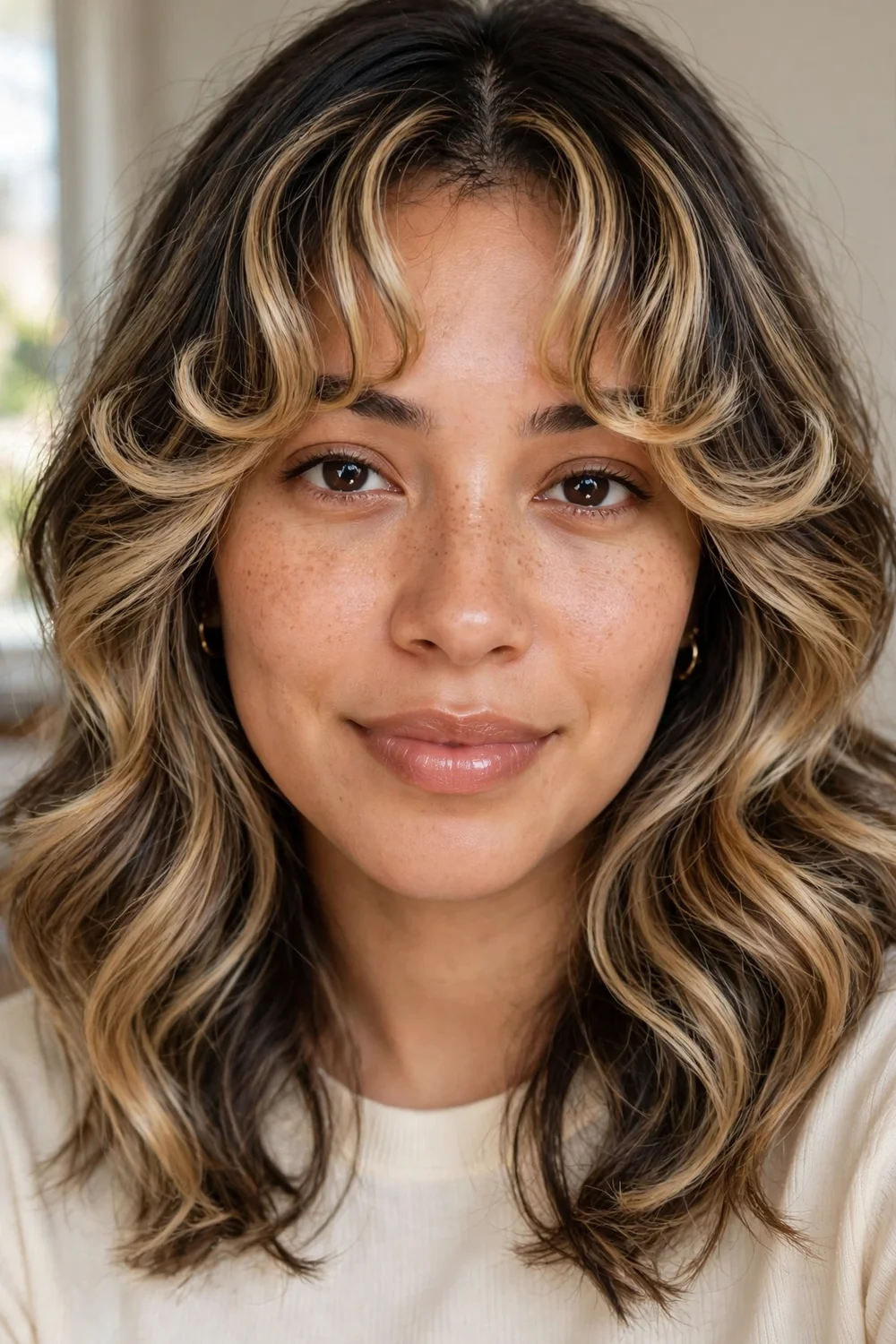 Woman with curled curtain bangs and blonde balayage highlights