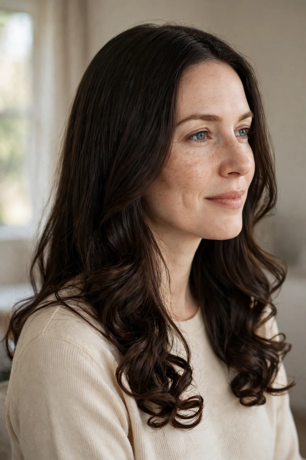 Woman with dark brown long hair with curled ends