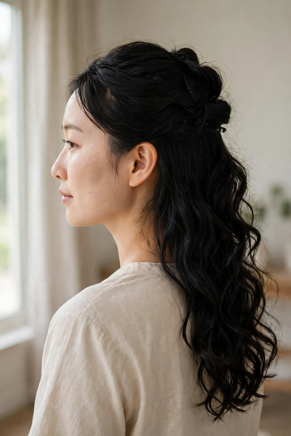 Woman with black long hair in a curled half-up hairstyle pinned with bobby pins