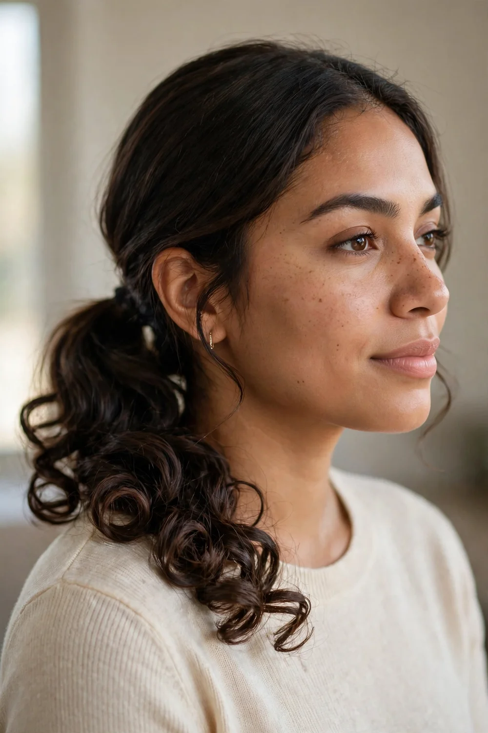 Woman with dark brown medium-length hair in a ponytail with curled ends