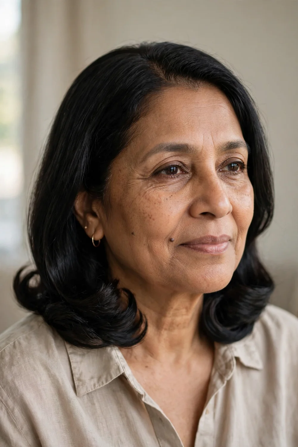 54-year-old South Asian woman with black lob with ends curled under, three-quarter view