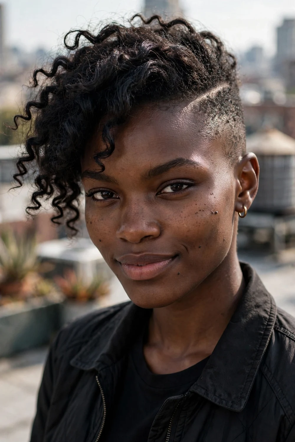 Black woman in her early 20s with short curls and one cleanly shaved side
