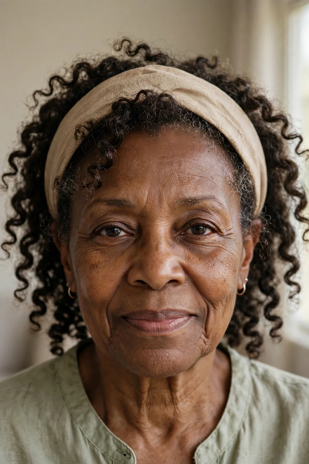 Older woman with curls styled with a wide fabric headband
