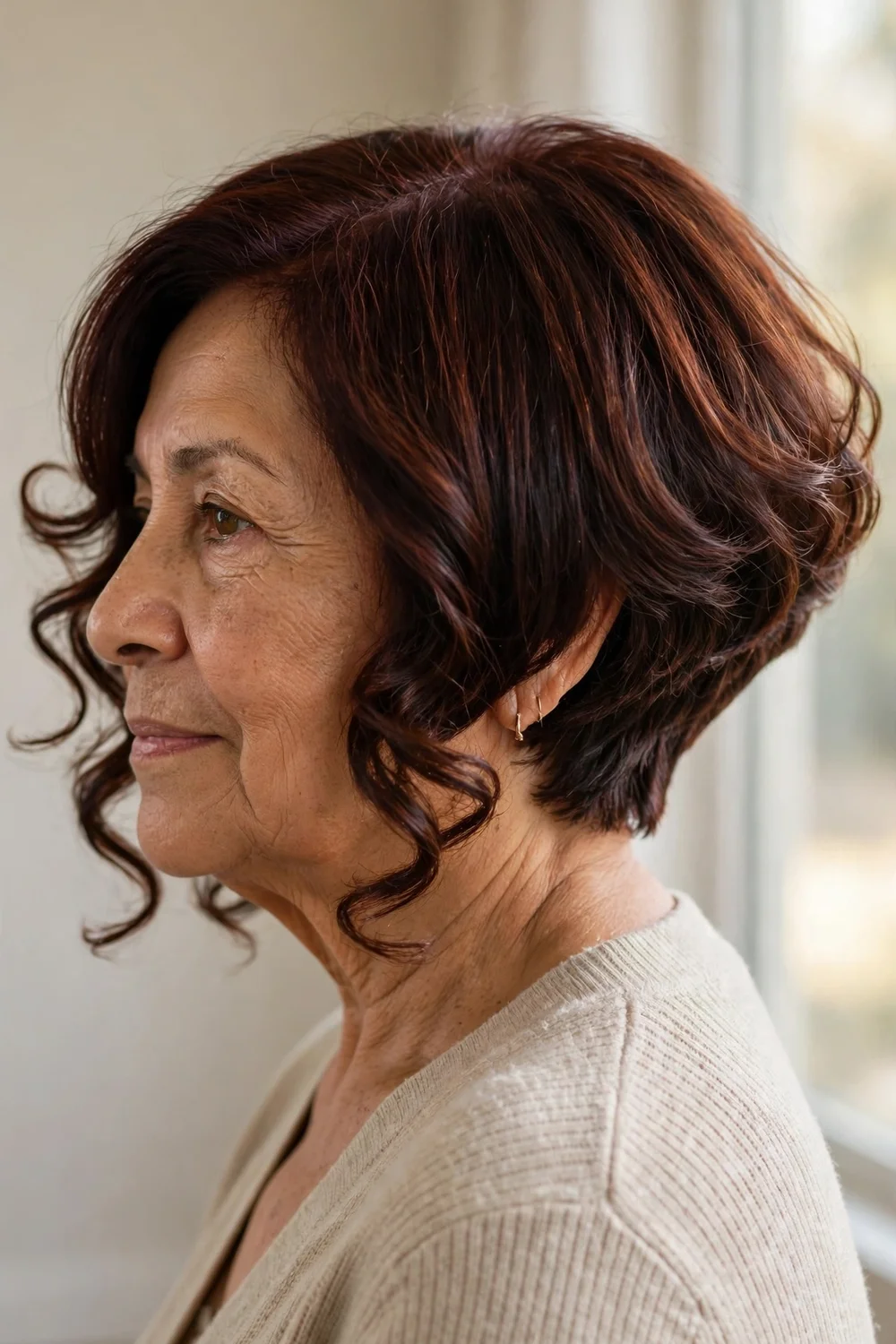Older woman with an angled curly A-line bob