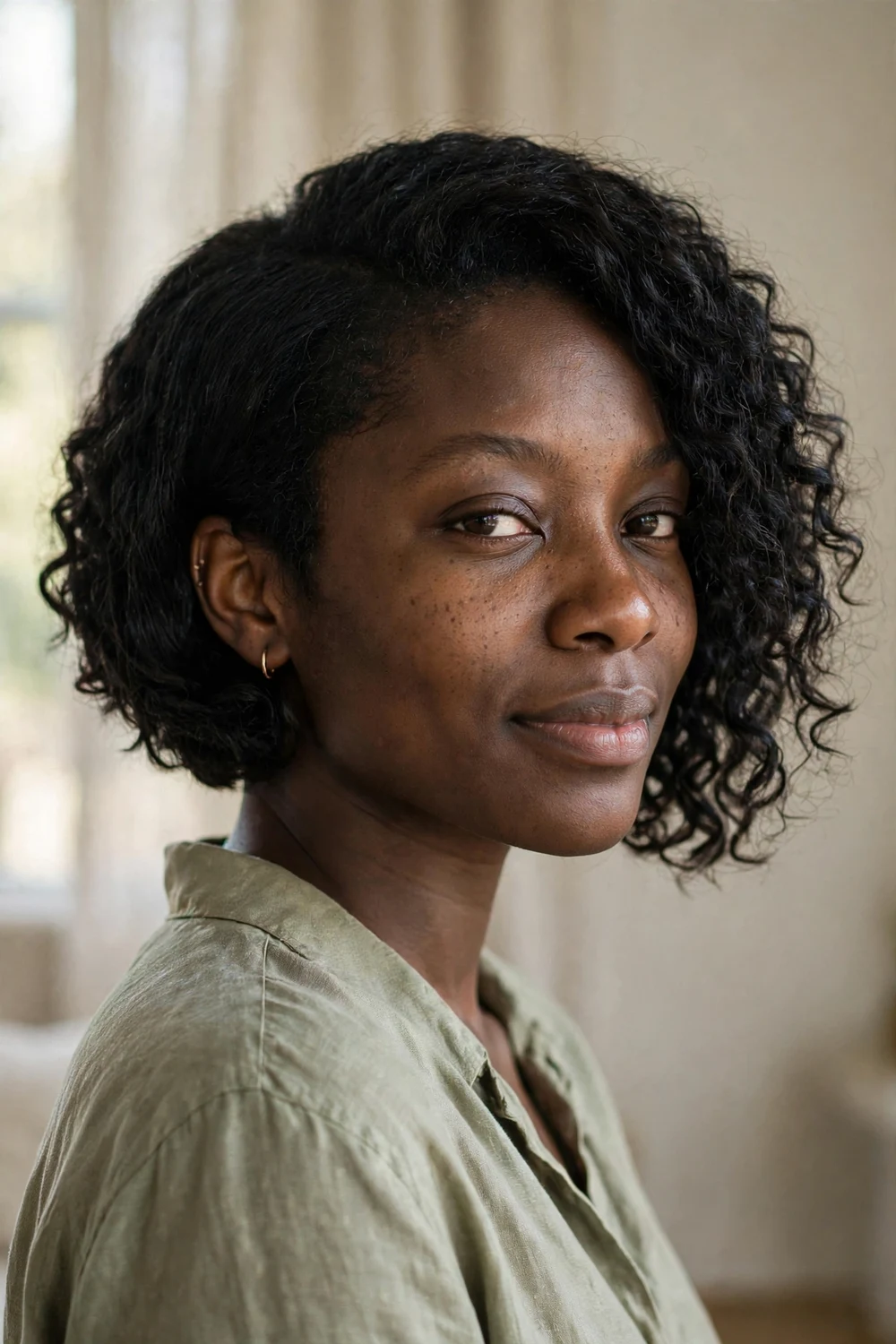Curly angled bob on a woman with a round face, defined natural black curls in an angled silhouette