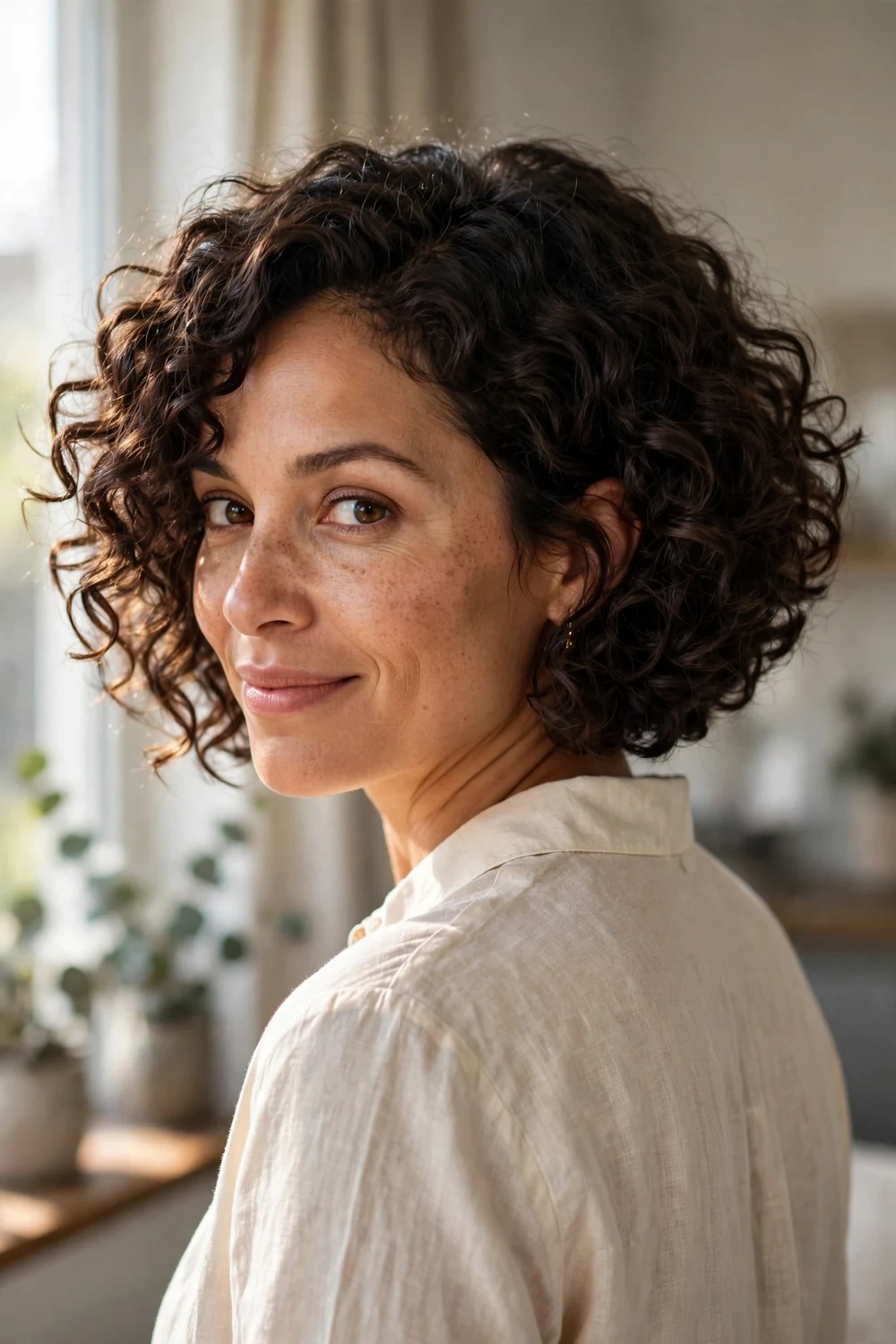 Angled bob on naturally curly hair with forward slope
