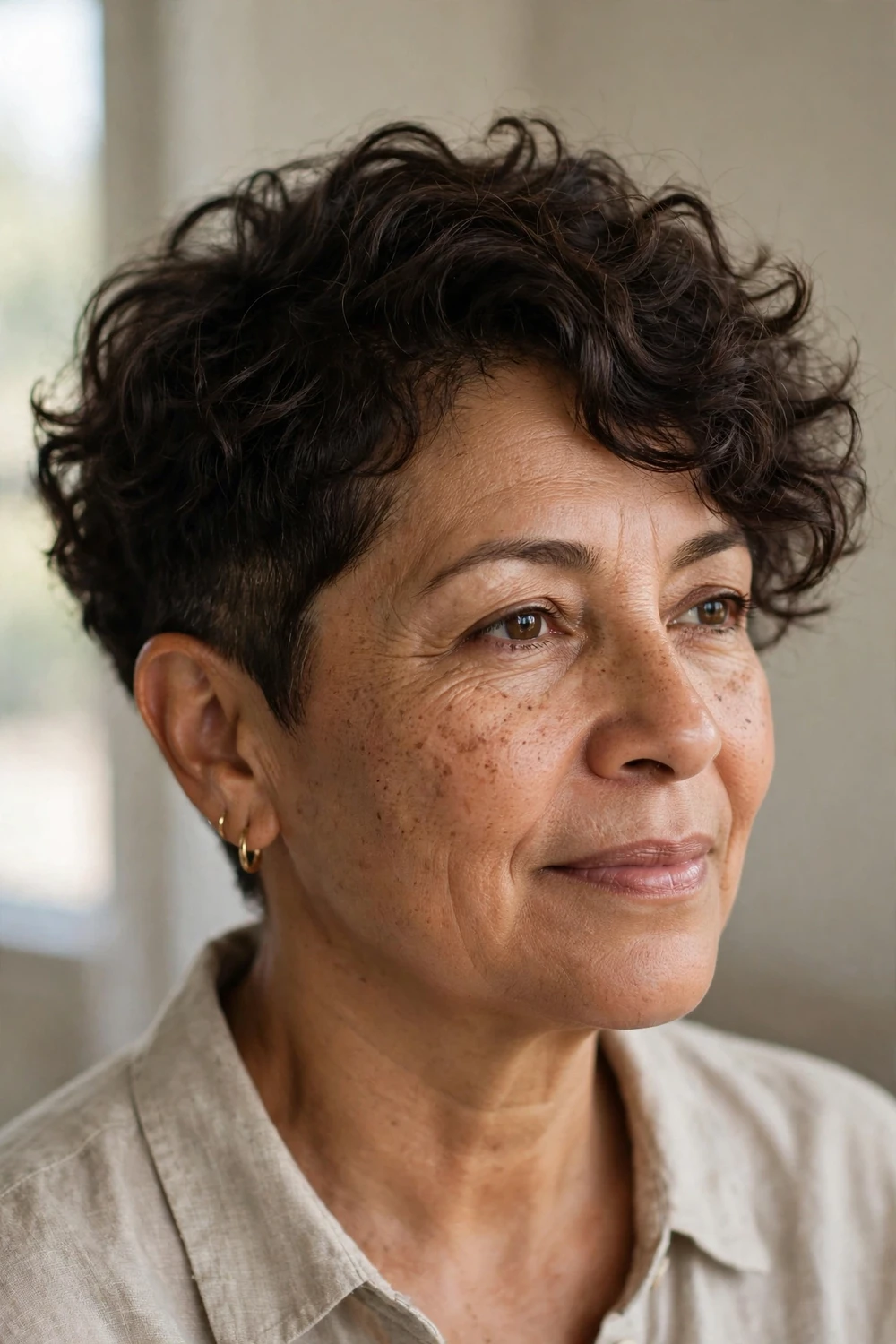 Woman in her 50s with an asymmetrical curly pixie, one side shorter with longer curls sweeping over