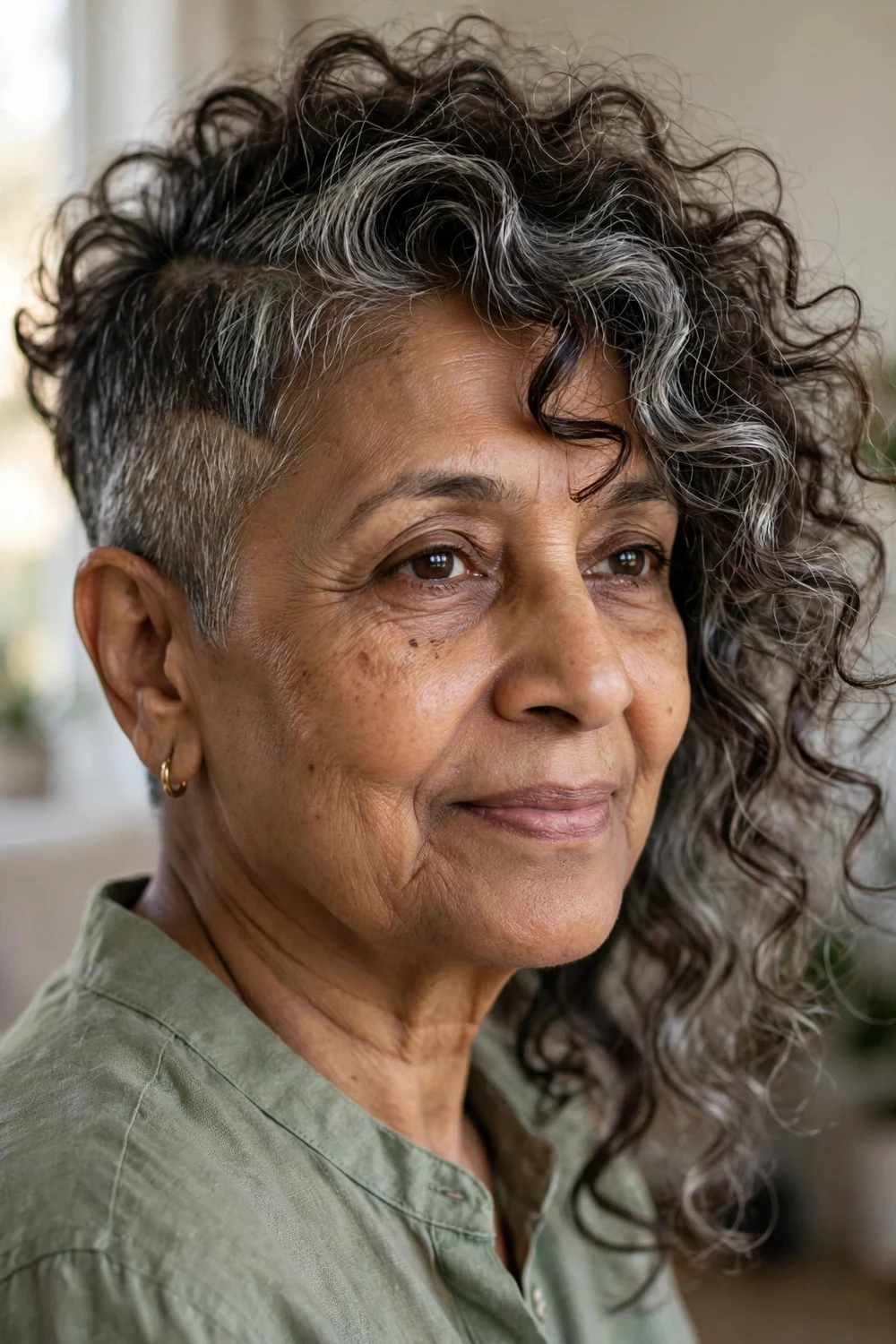 Mature woman with a curly asymmetrical pixie, one side shorter with longer curls sweeping over