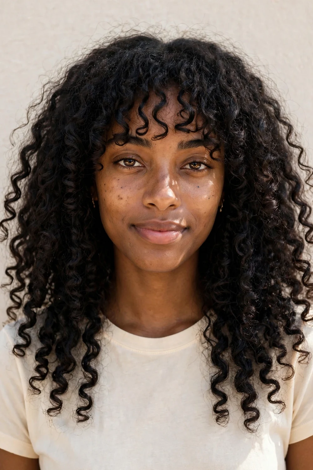 Black woman in her mid twenties with an oblong face and long voluminous curly hair with curly bangs