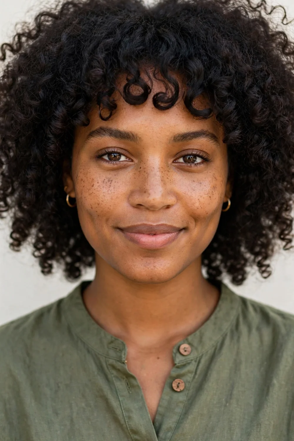 Woman with curly bangs on natural curly hair