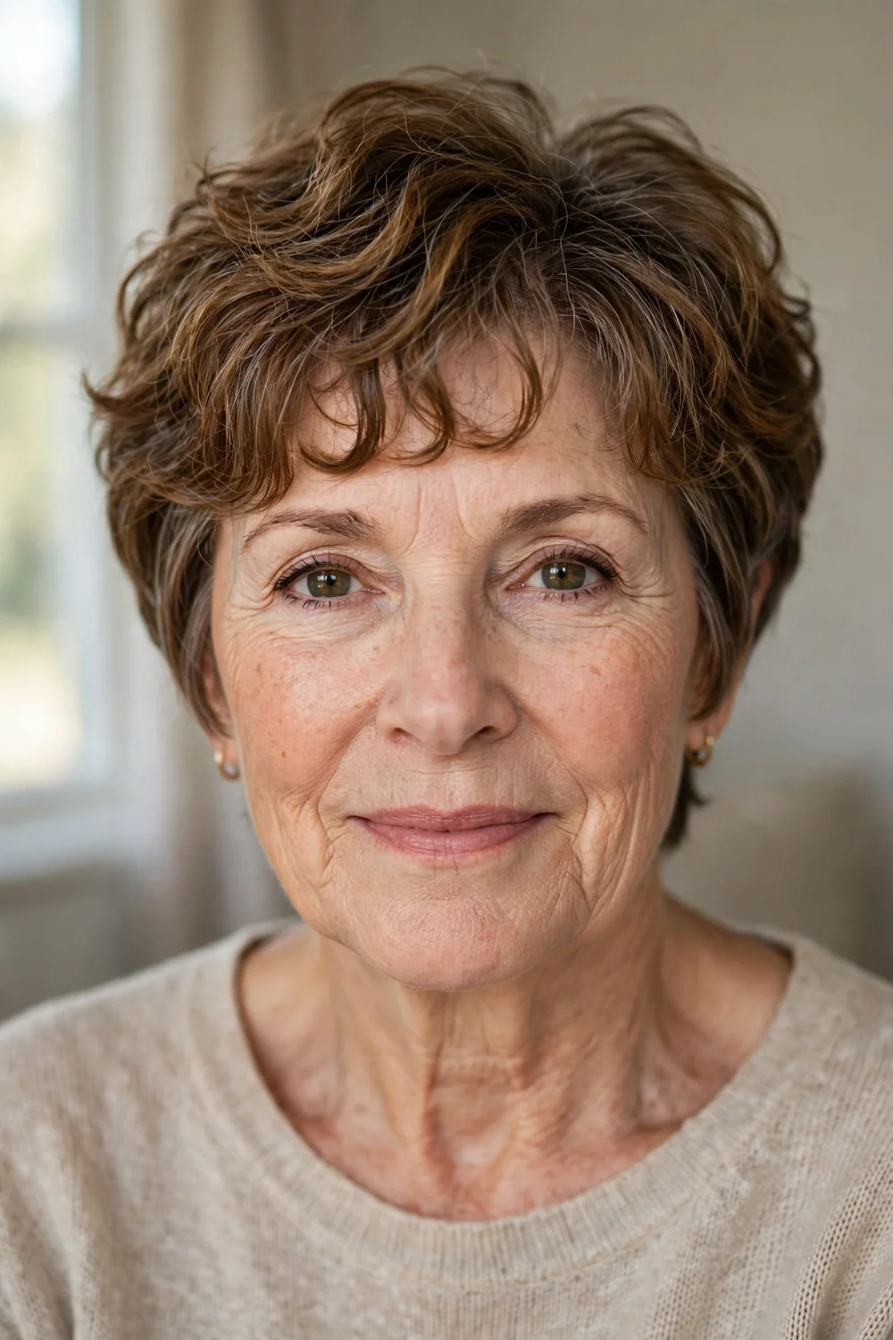 Older woman with a curly bixie haircut