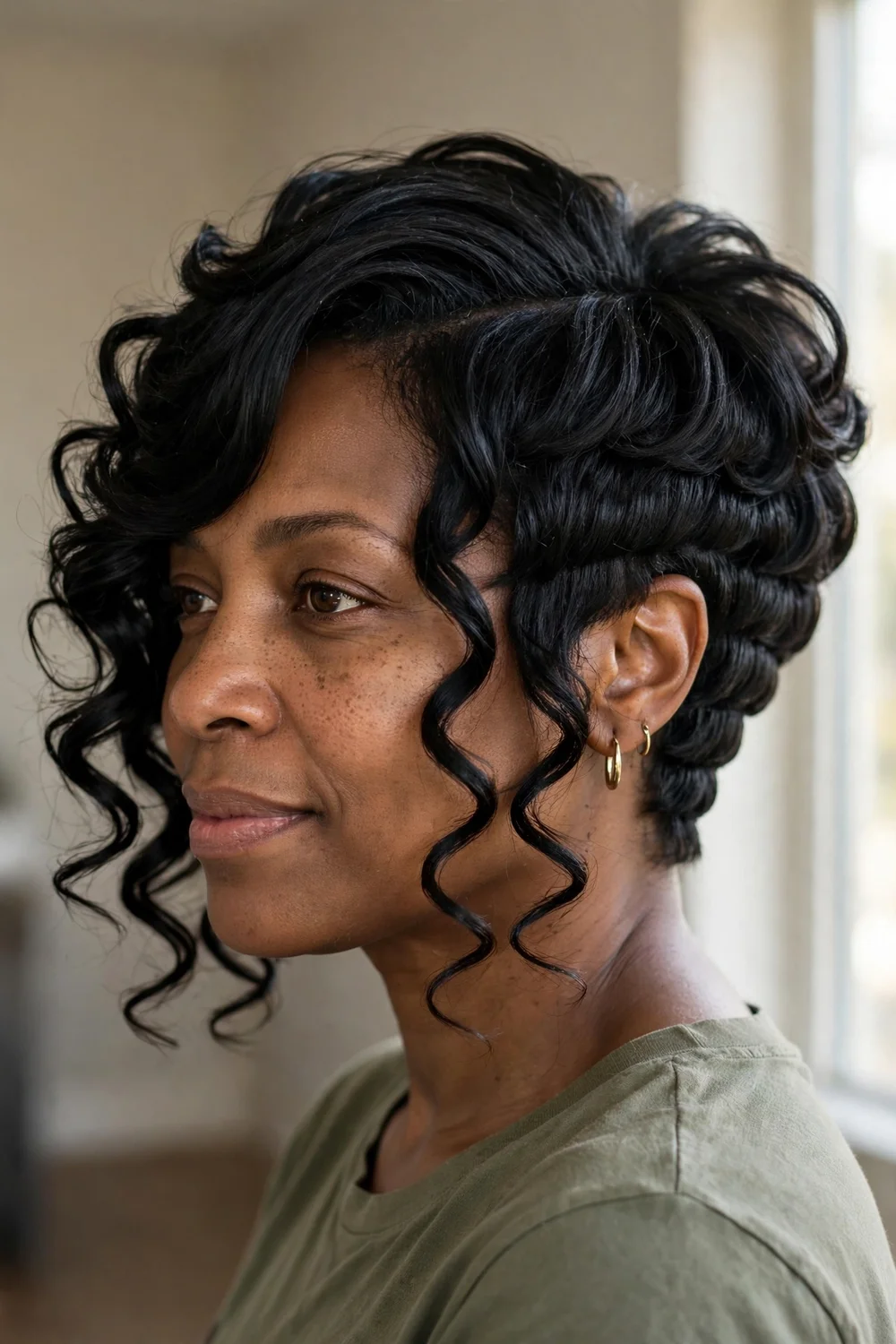 Woman with an angled curly bob, shorter at the back and longer in front