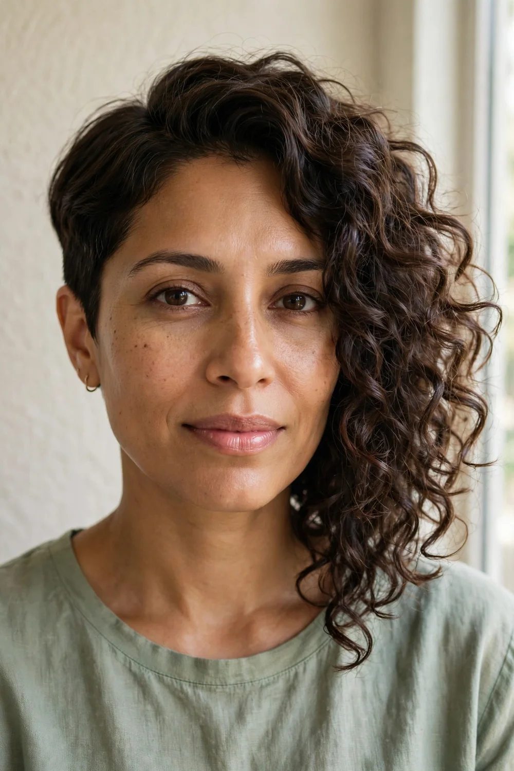 Woman with an asymmetrical curly bob, one side shorter than the other