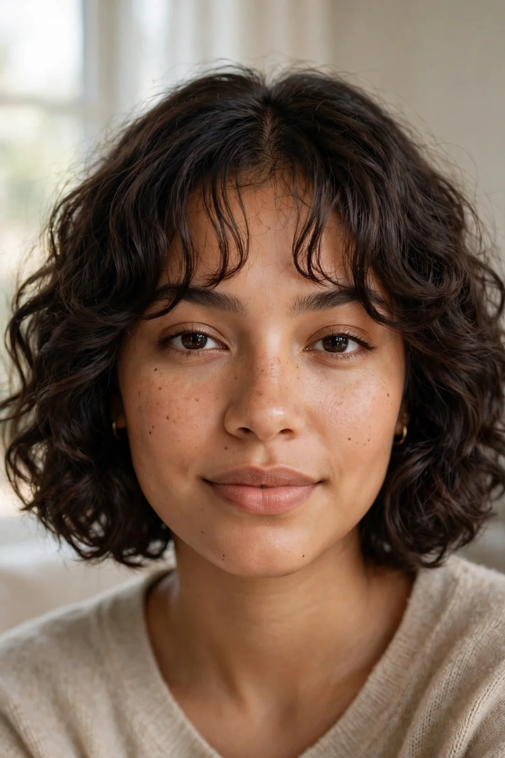 Woman with a curly bob and wispy curtain bangs