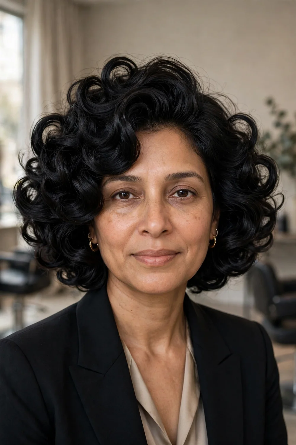 Woman with a glamorous baroque curly bob with dramatic volume and shine