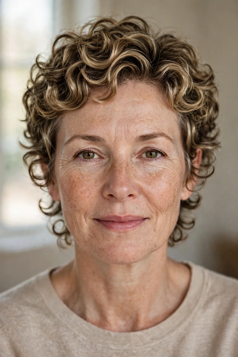 Woman with a curly bixie cut, a short pixie-bob hybrid