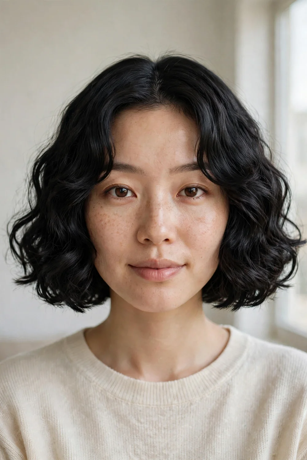 Woman with a blunt curly bob cut to one sharp even length