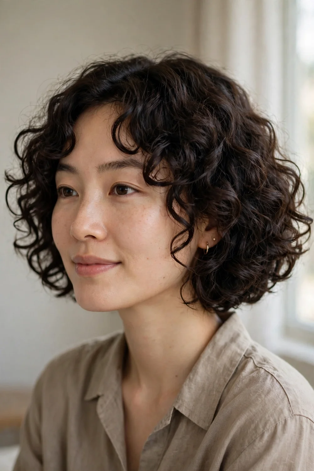 Woman with a curly box bob with choppy texturized shape and thick ends