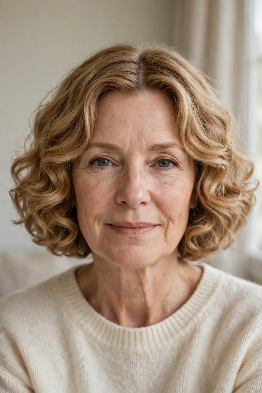 Woman with a classic chin-length curly bob with soft rounded shape