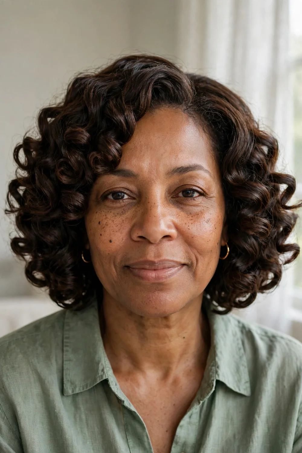 Woman with a curly bob of large defined corkscrew curls from a heatless rod set